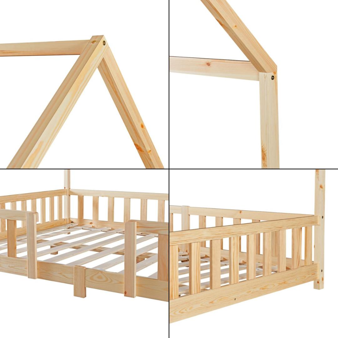 Grand lit cabane Montessori avec barrière + matelas - 120x200cm - Bois naturel