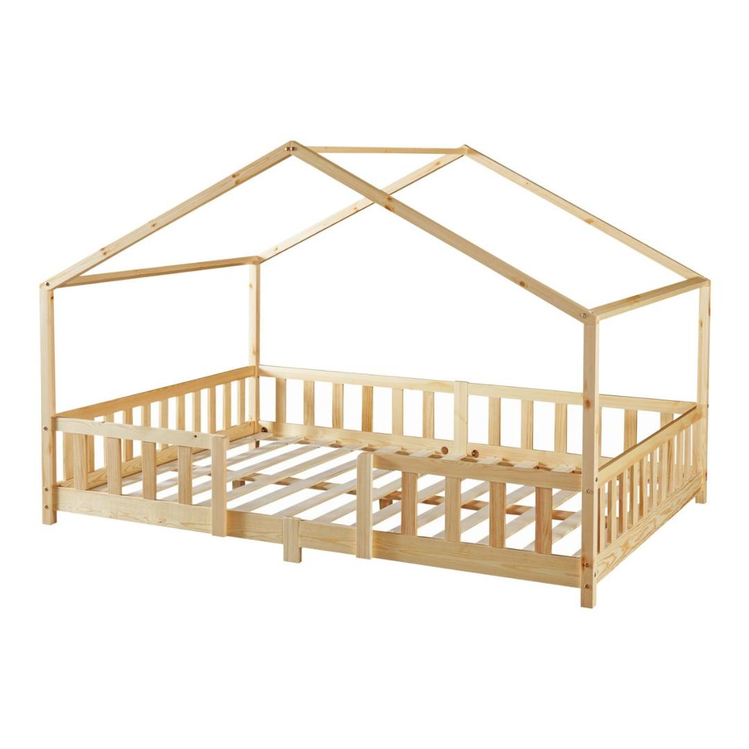 Grand lit cabane double avec barrière - 140x200cm - Bois naturel