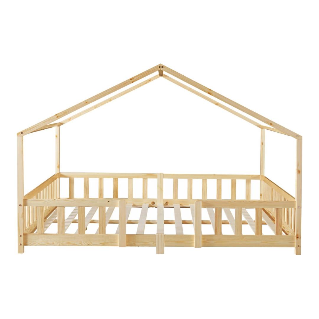 Grand lit cabane Montessori avec barrière + matelas - 140x200cm - Bois naturel