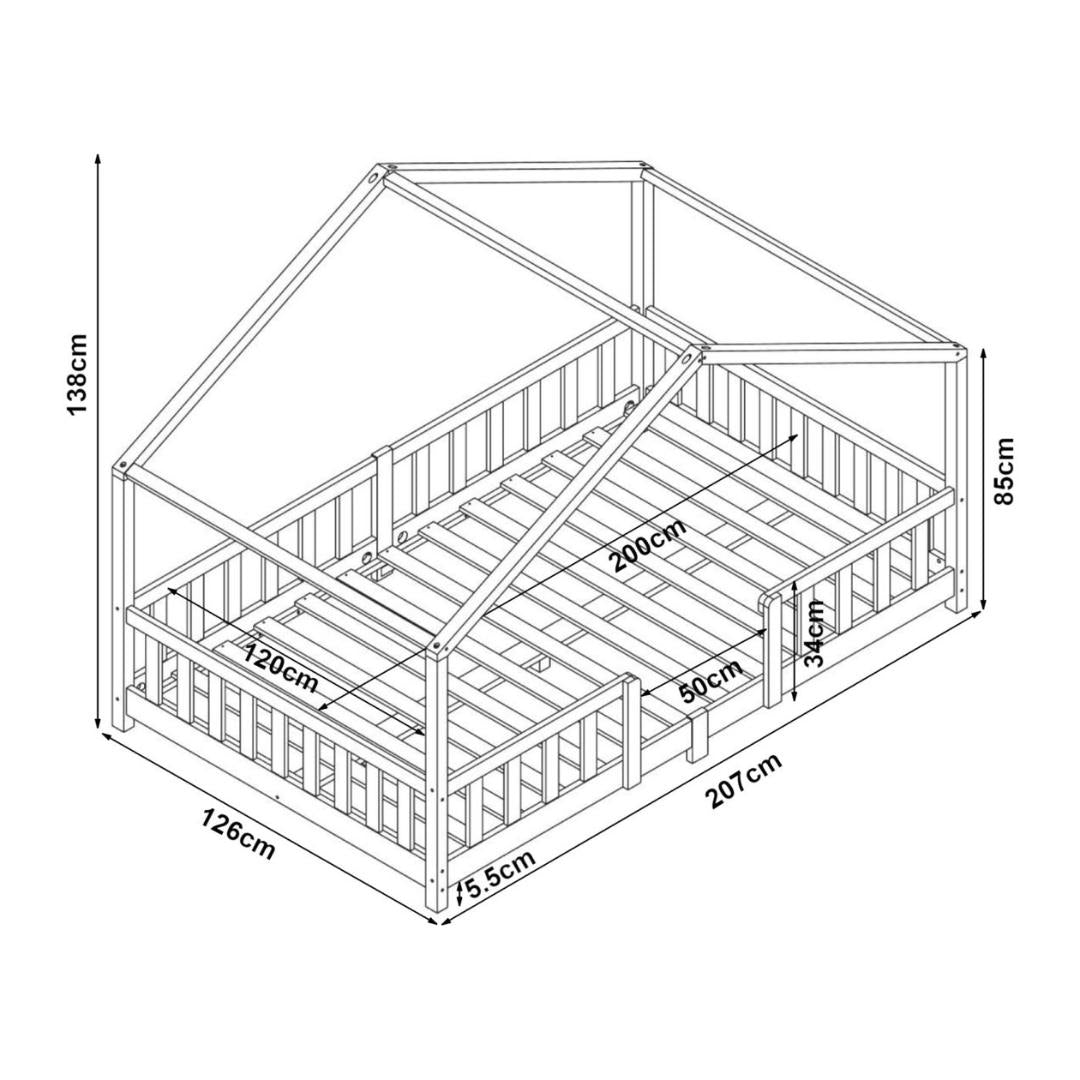Grand lit cabane Montessori avec barrière + matelas - 120x200cm - Bois naturel