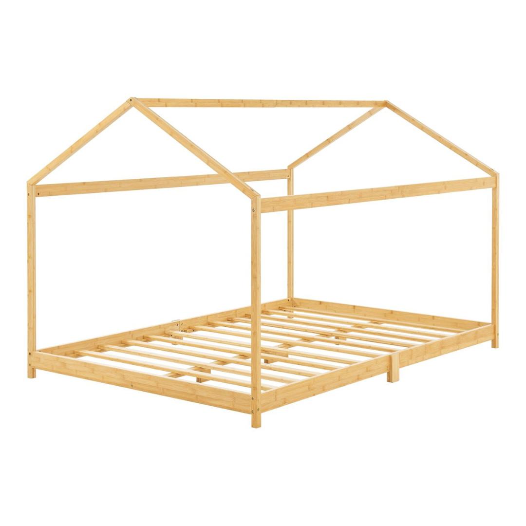 Grand lit cabane double avec matelas inclus - 120x200cm - Bois naturel