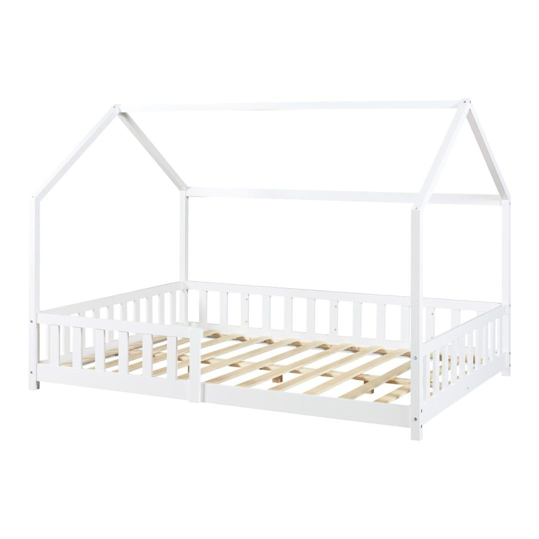 Pack grand lit cabane avec barrière + matelas 140x200cm