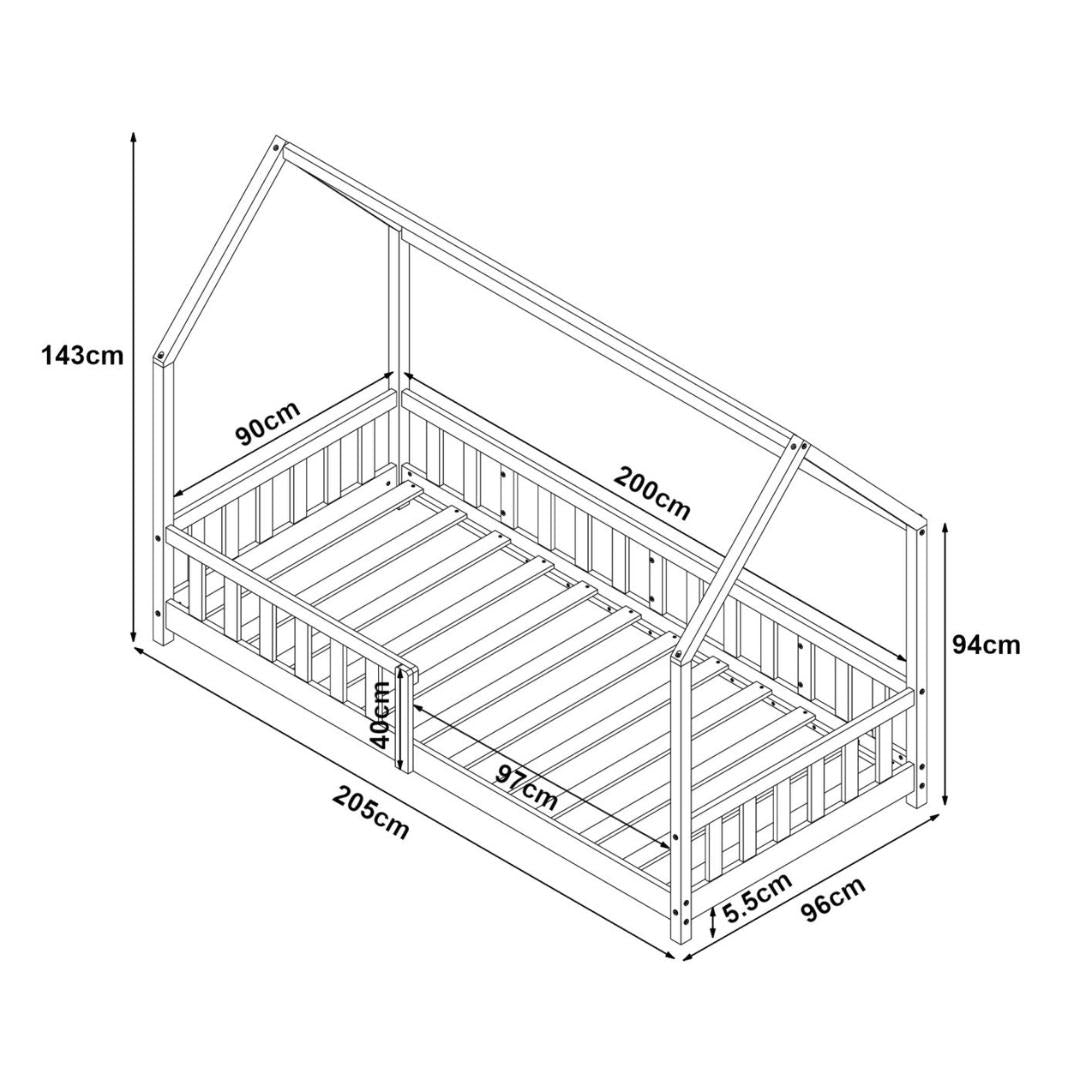 Pack lit cabane avec barrière + matelas 90x200cm