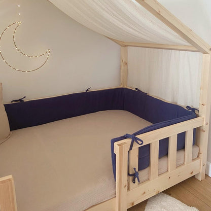 Tour de lit cabane double gaze bleu indigo