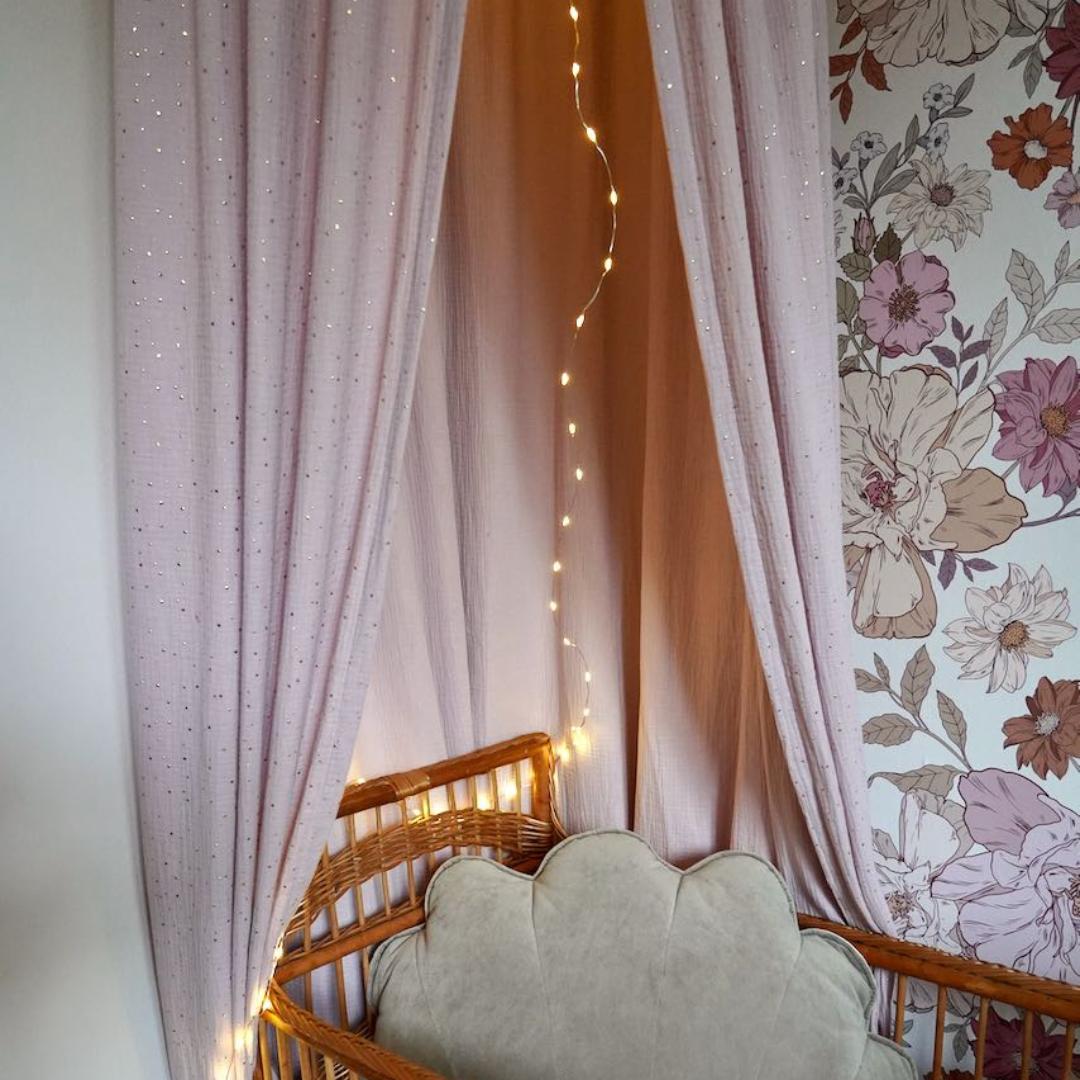 Ciel de lit bébé Rose pois dorés - Fait main