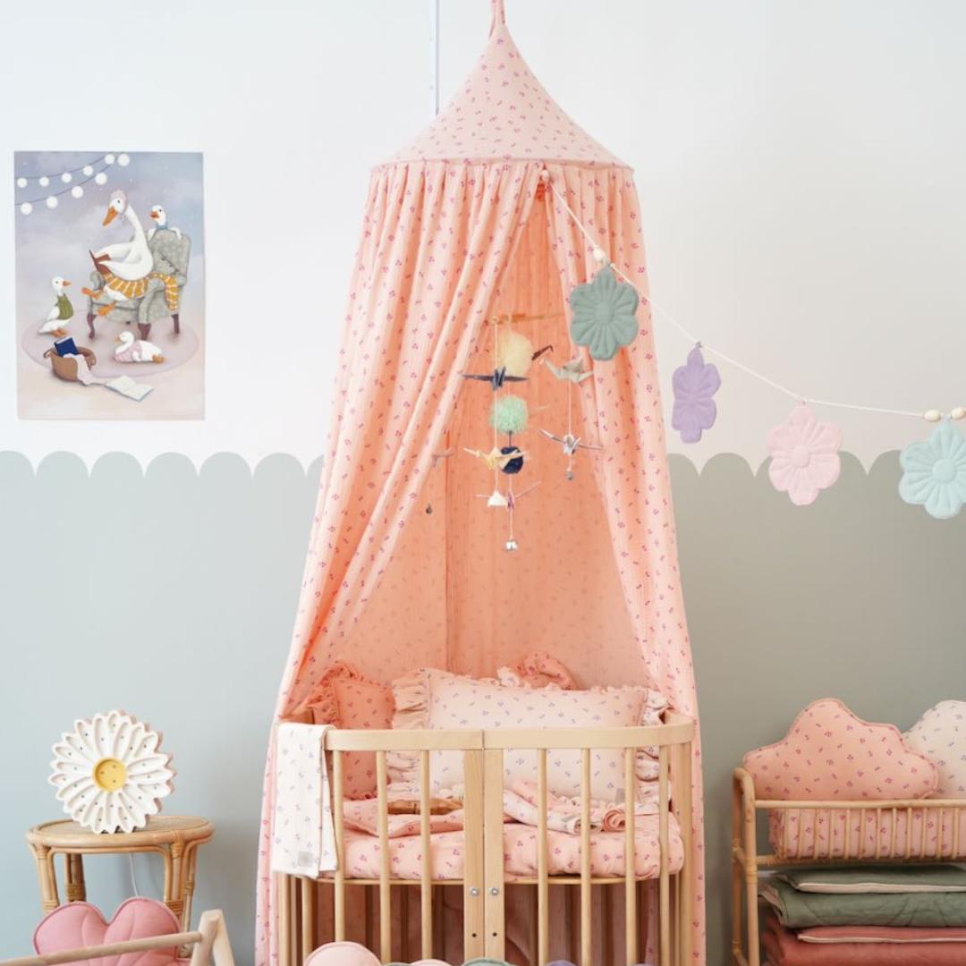 Ciel de lit bébé Rose fleuri - Fait main