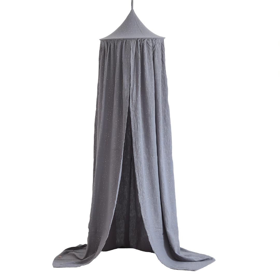 Ciel de lit bébé Gris foncé à pois dorés - Fait main
