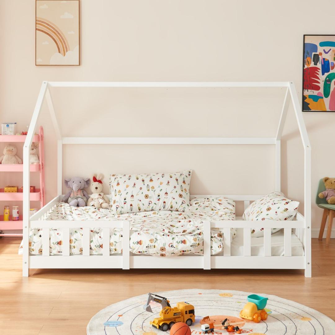 Grand lit cabane double avec barrière - 120x200cm - Blanc