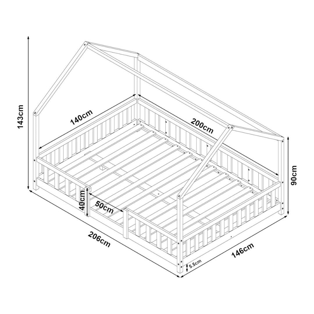 Grand lit cabane double avec barrière - 140x200cm - Blanc