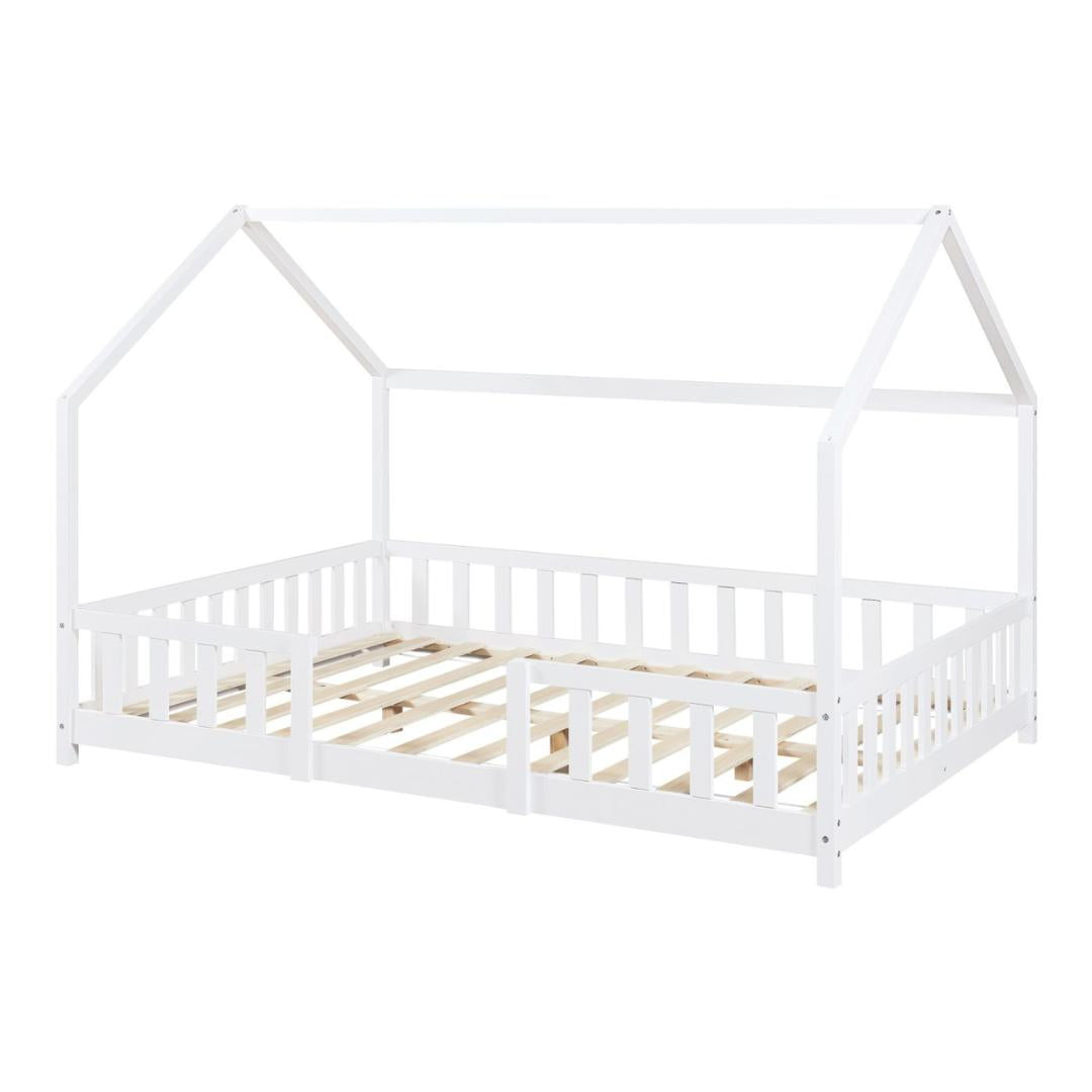 Grand lit cabane double avec barrière - 120x200cm - Blanc