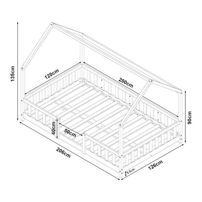 Grand lit cabane double avec barrière - 120x200cm - Blanc