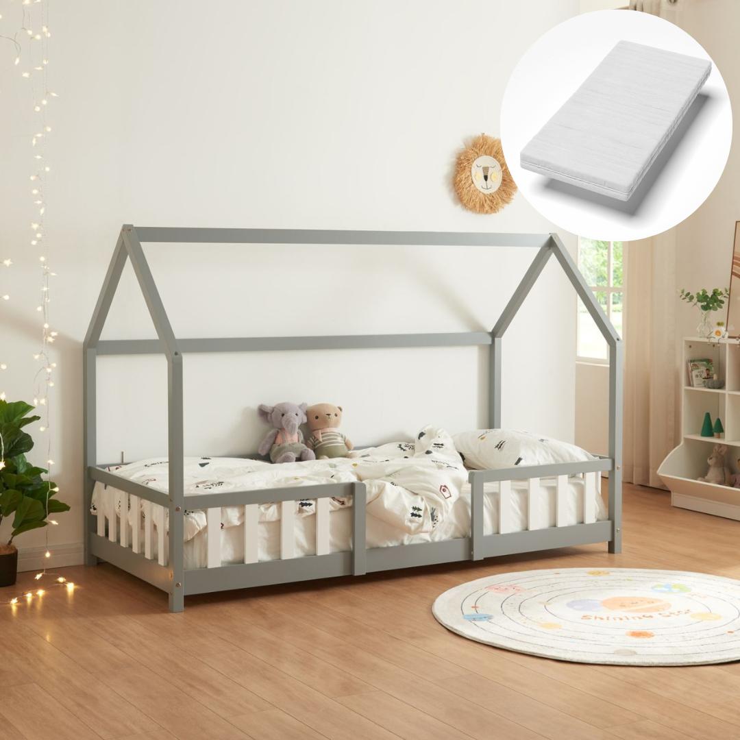 Lit cabane avec barrière + matelas - 90x200cm - Gris &amp; blanc