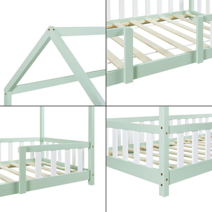 Lit cabane avec barrière + matelas - 90x200cm - Vert &amp; Blanc