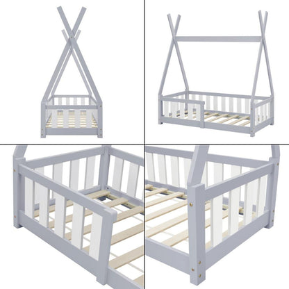 Lit tipi 70x140cm avec barrière et matelas - Gris &amp; blanc