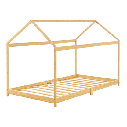 Grand lit cabane double avec matelas - 140x200cm - Bois naturel