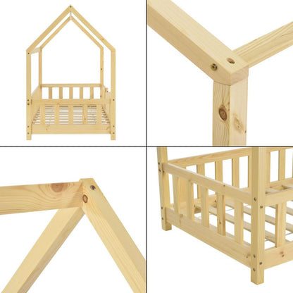 Lit cabane en bois naturel avec barrière amovible + matelas - 80x160cm