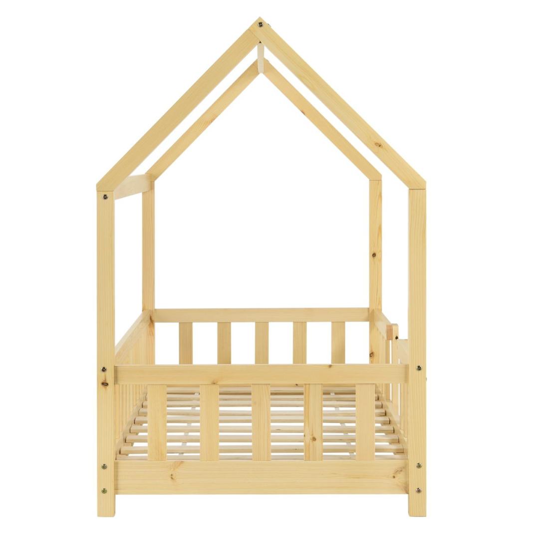Lit cabane en bois naturel avec barrière amovible + matelas - 80x160cm