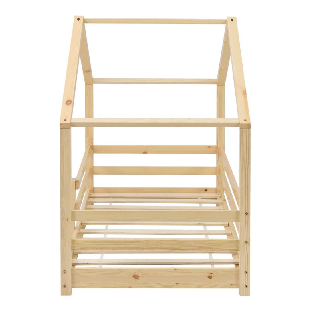 Lit cabane avec barrière et matelas - 90x200cm - Bois naturel