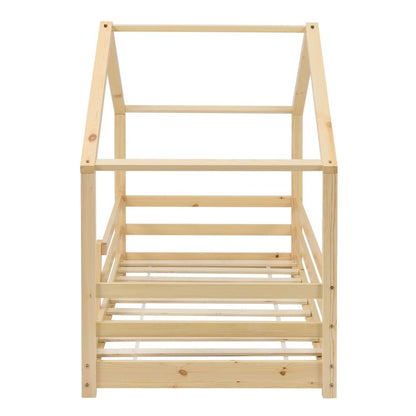 Lit cabane avec barrière et matelas - 90x200cm - Bois naturel