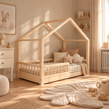 Lit cabane avec barrière Brieuc personnalisable