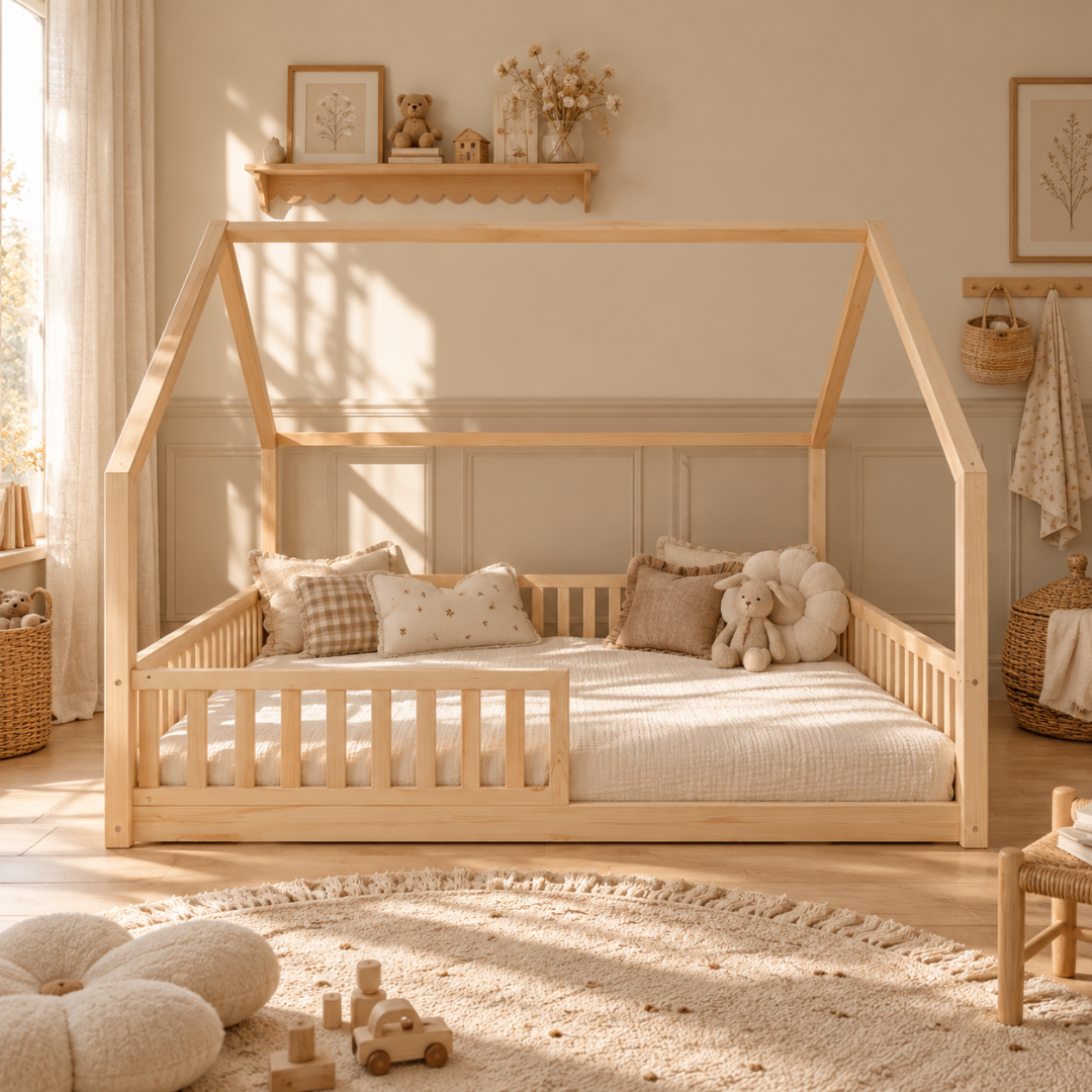 Grand lit cabane Montessori Bianca avec barrière 140x200cm