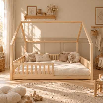 Grand lit cabane Montessori Bianca avec barrière 140x200cm