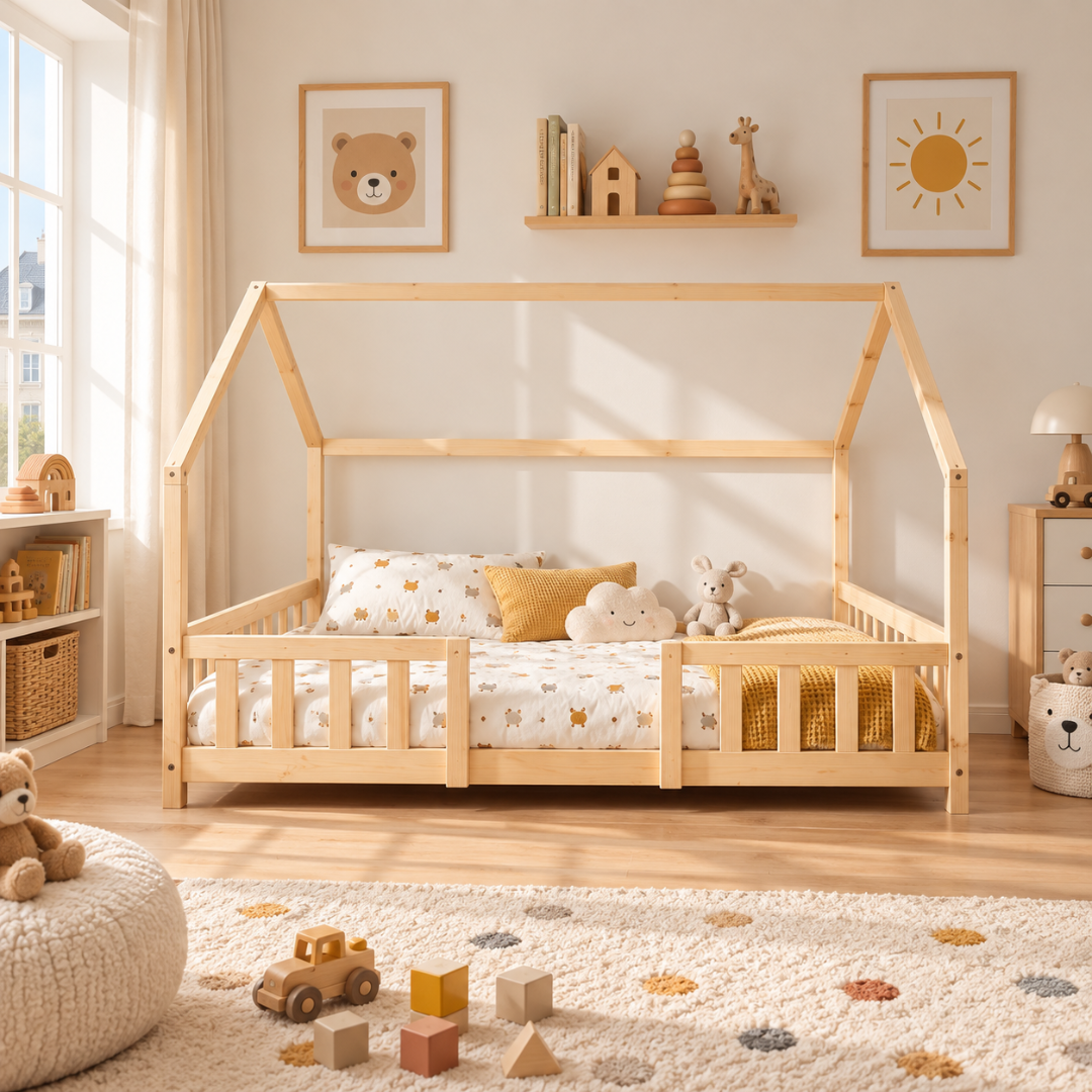 Grand lit cabane double avec barrière