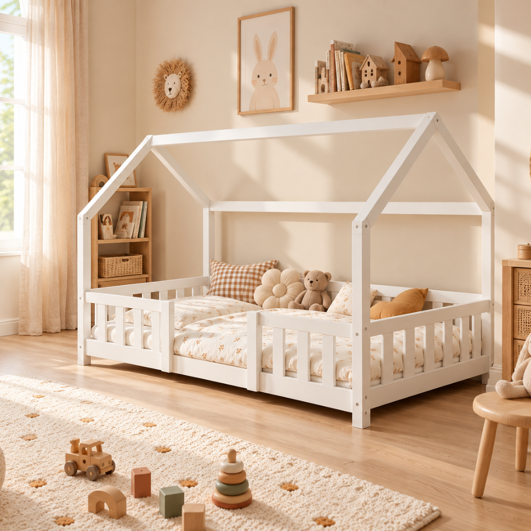 Lit cabane avec barrière Blanc