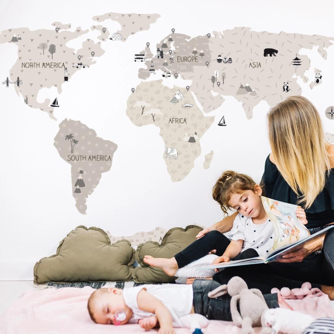 Sticker Enfant Carte Monde Beige