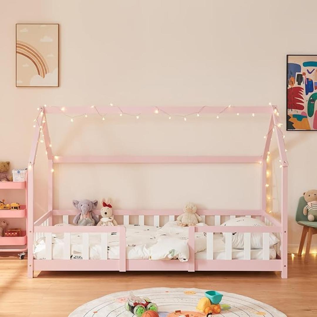 Lit cabane rose avec barrière 90x200cm