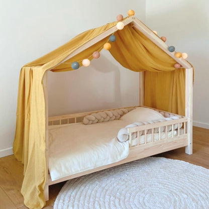 Ciel de lit cabane Jaune moutarde pois dorés