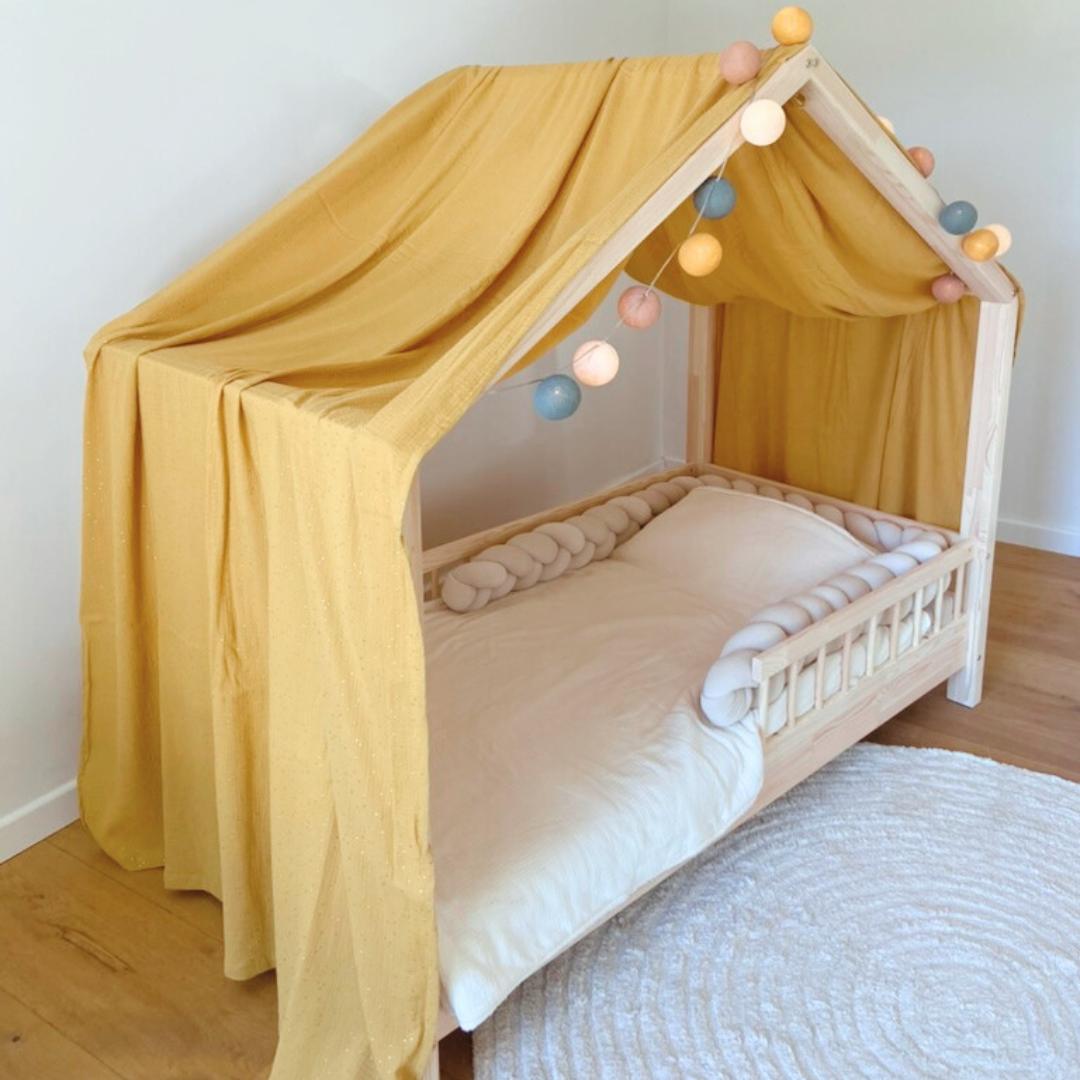 Ciel de lit cabane Jaune moutarde pois dorés