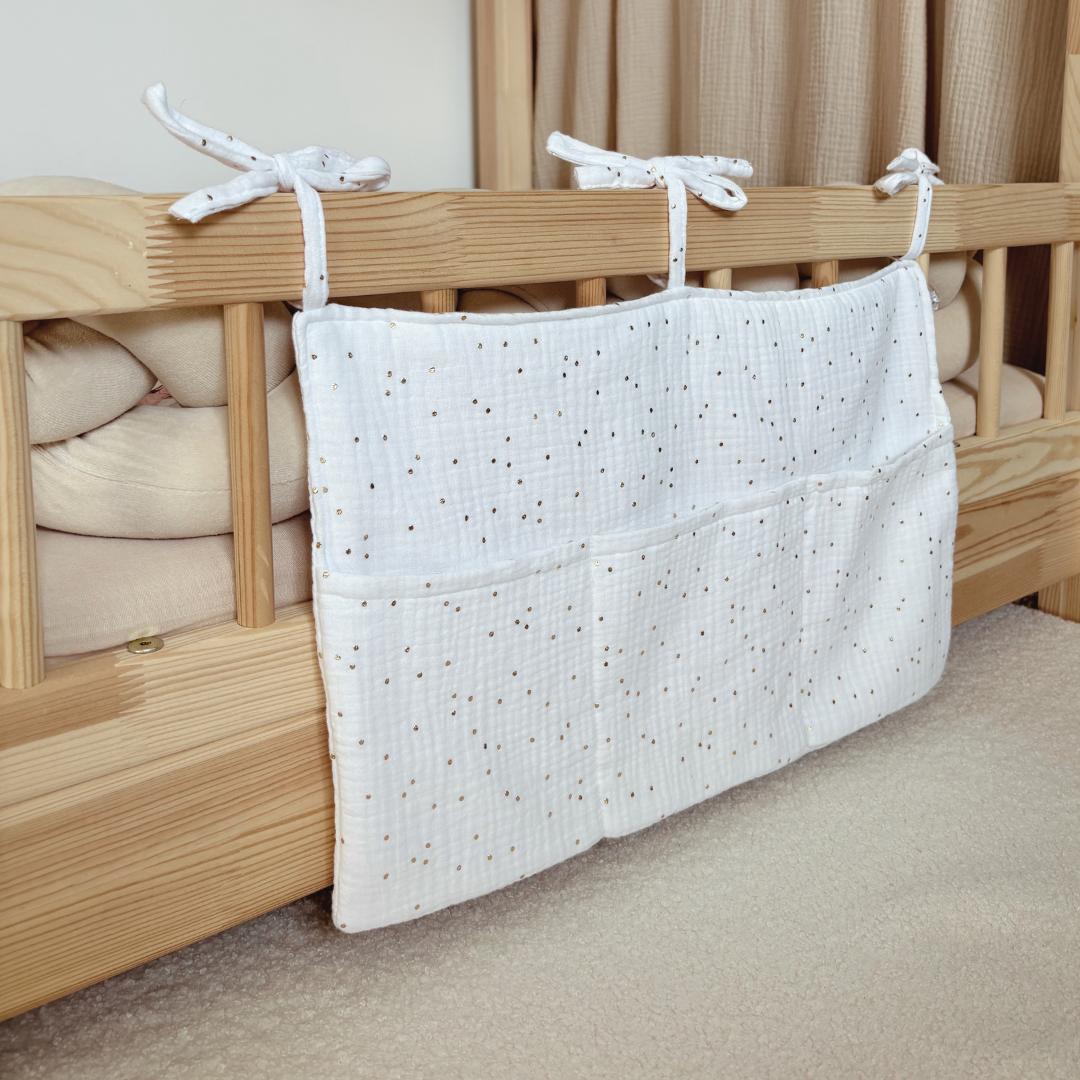Pochette de rangement lit - Blanc pois dorés