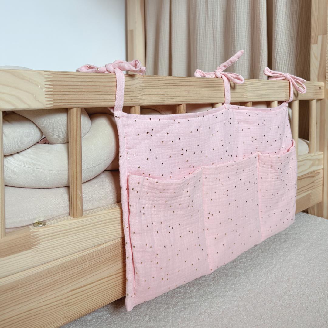 Pochette de rangement lit - Rose blush pois dorés