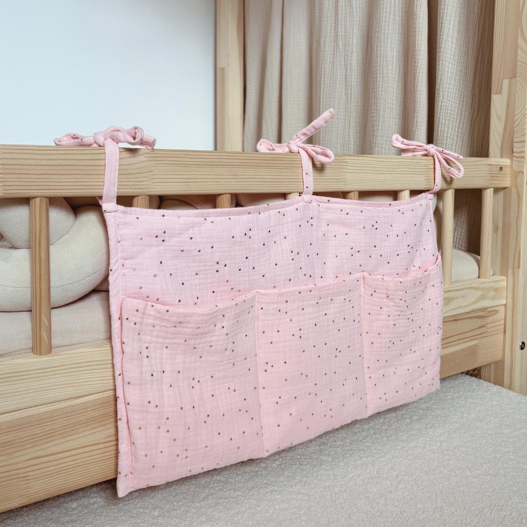 Pochette de rangement lit - Rose blush pois dorés