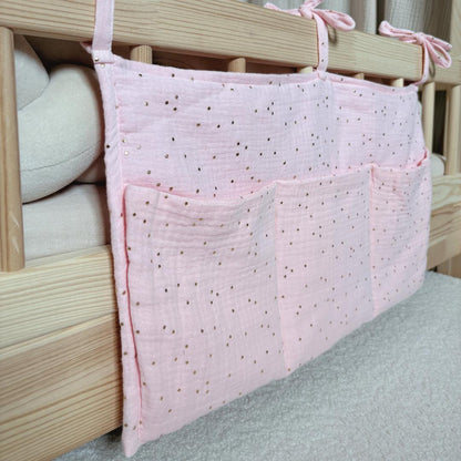 Pochette de rangement lit - Rose blush pois dorés