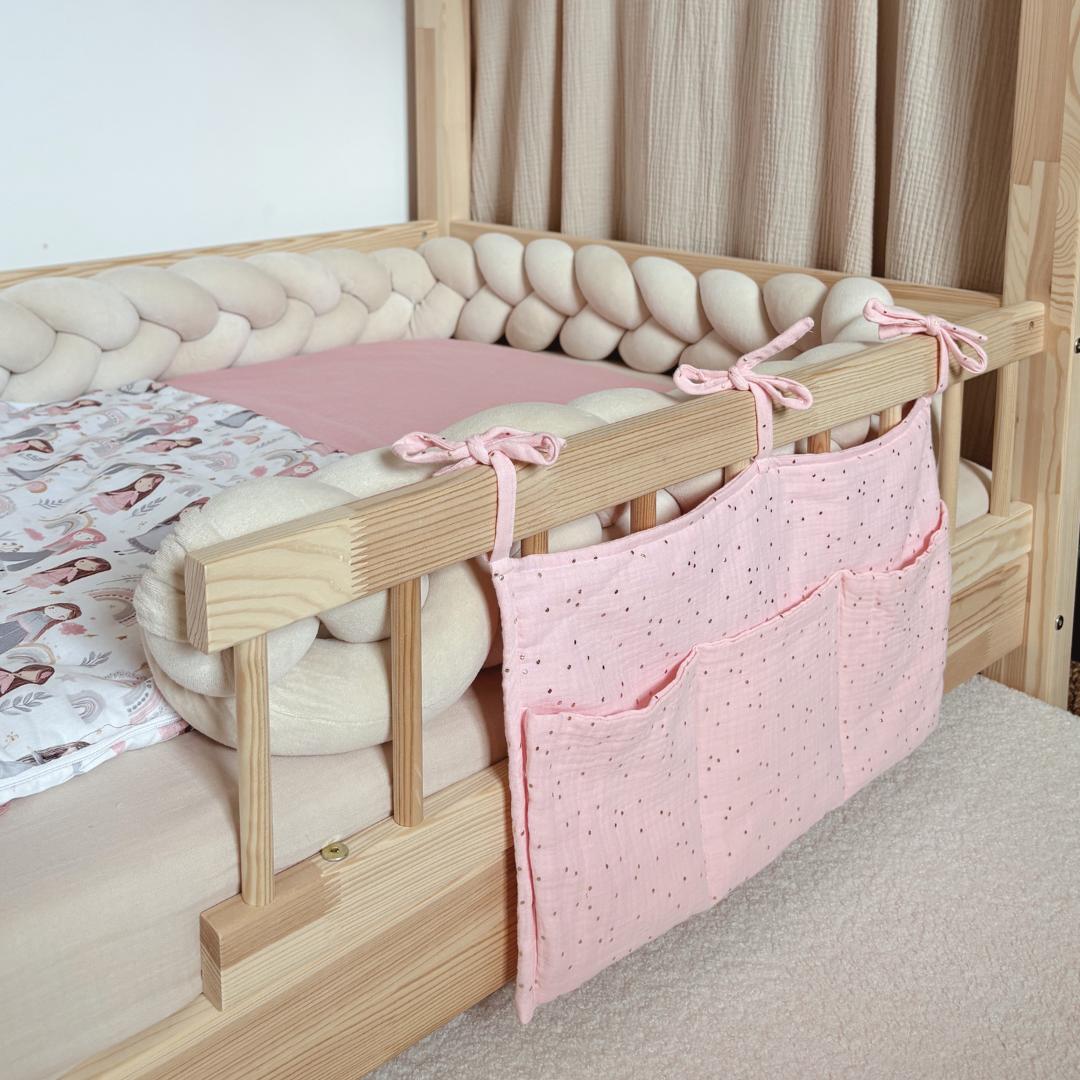 Pochette de rangement lit - Rose blush pois dorés