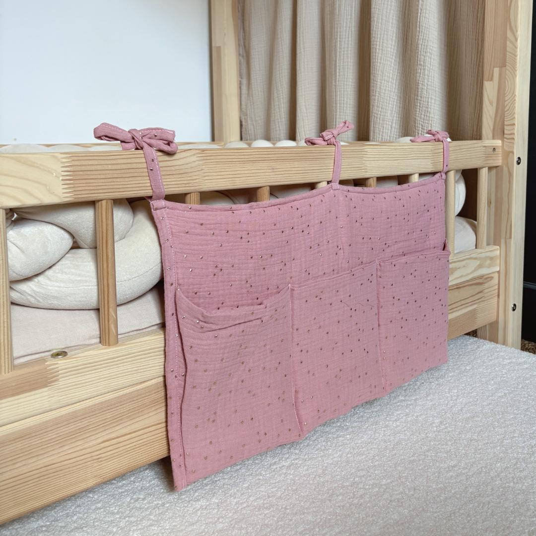 Pochette de rangement lit - Rose pois dorés