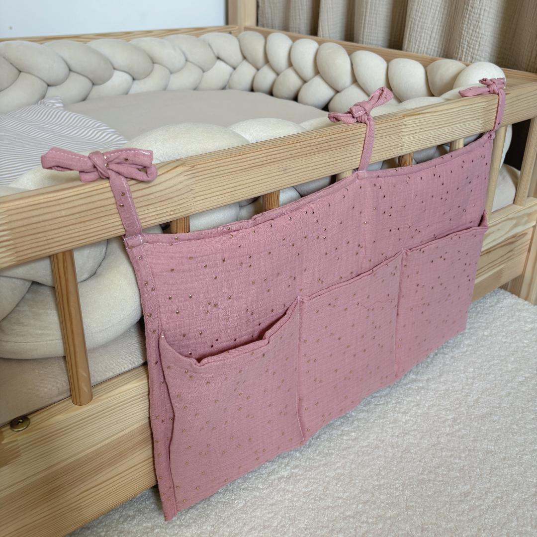 Pochette de rangement lit - Rose pois dorés