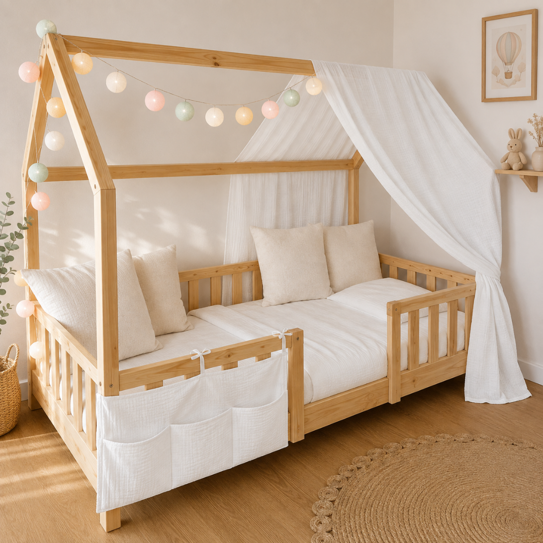 Pack lit cabane + ciel de lit + guirlande + range-doudou