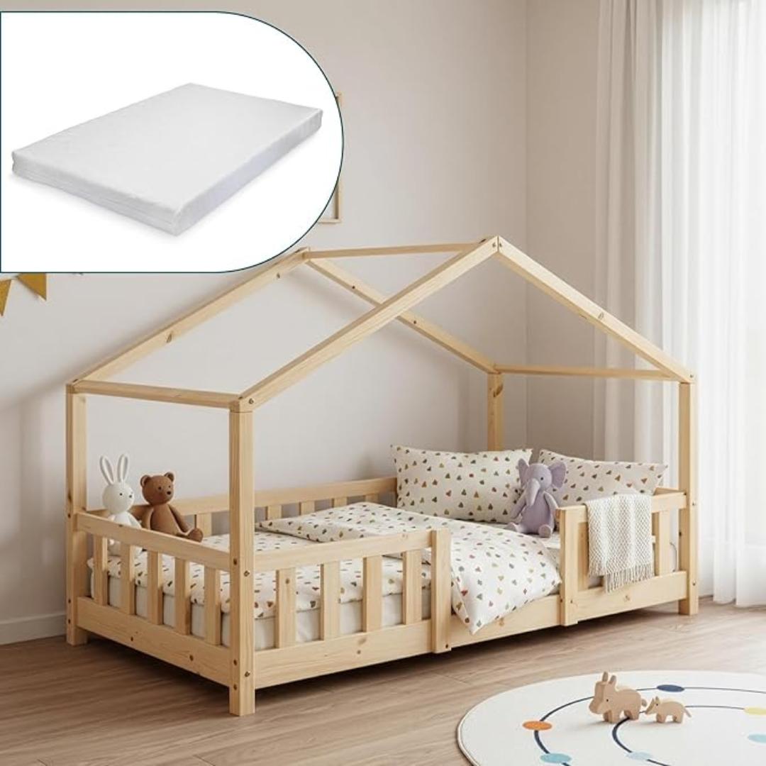 Grand lit cabane Montessori avec barrière + matelas - 140x200cm - Bois naturel