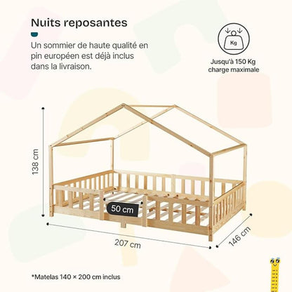 Grand lit cabane double avec barrière - 140x200cm - Bois naturel