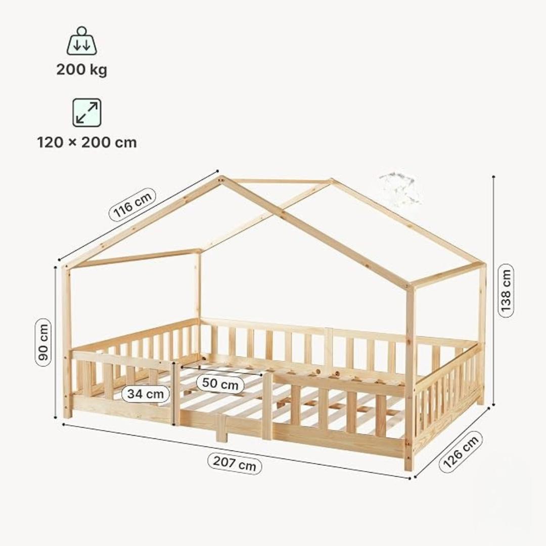 Grand lit cabane double avec barrière - 120x200cm - Bois naturel