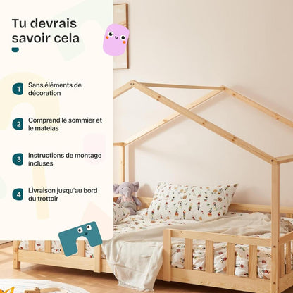 Grand lit cabane Montessori avec barrière + matelas - 120x200cm - Bois naturel