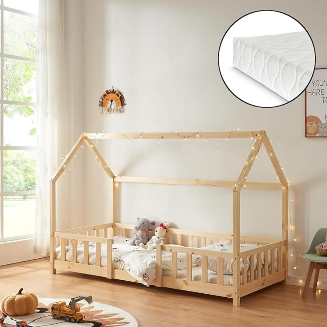 Lit cabane en bois naturel avec barrière amovible + matelas - 80x160cm