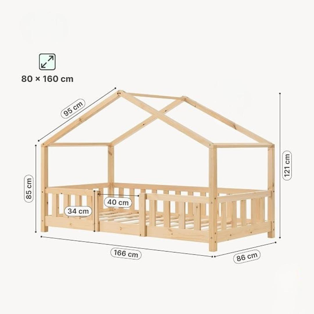 Lit cabane enfant en bois avec barrière 80x160cm