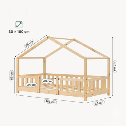 Lit cabane enfant en bois avec barrière 80x160cm