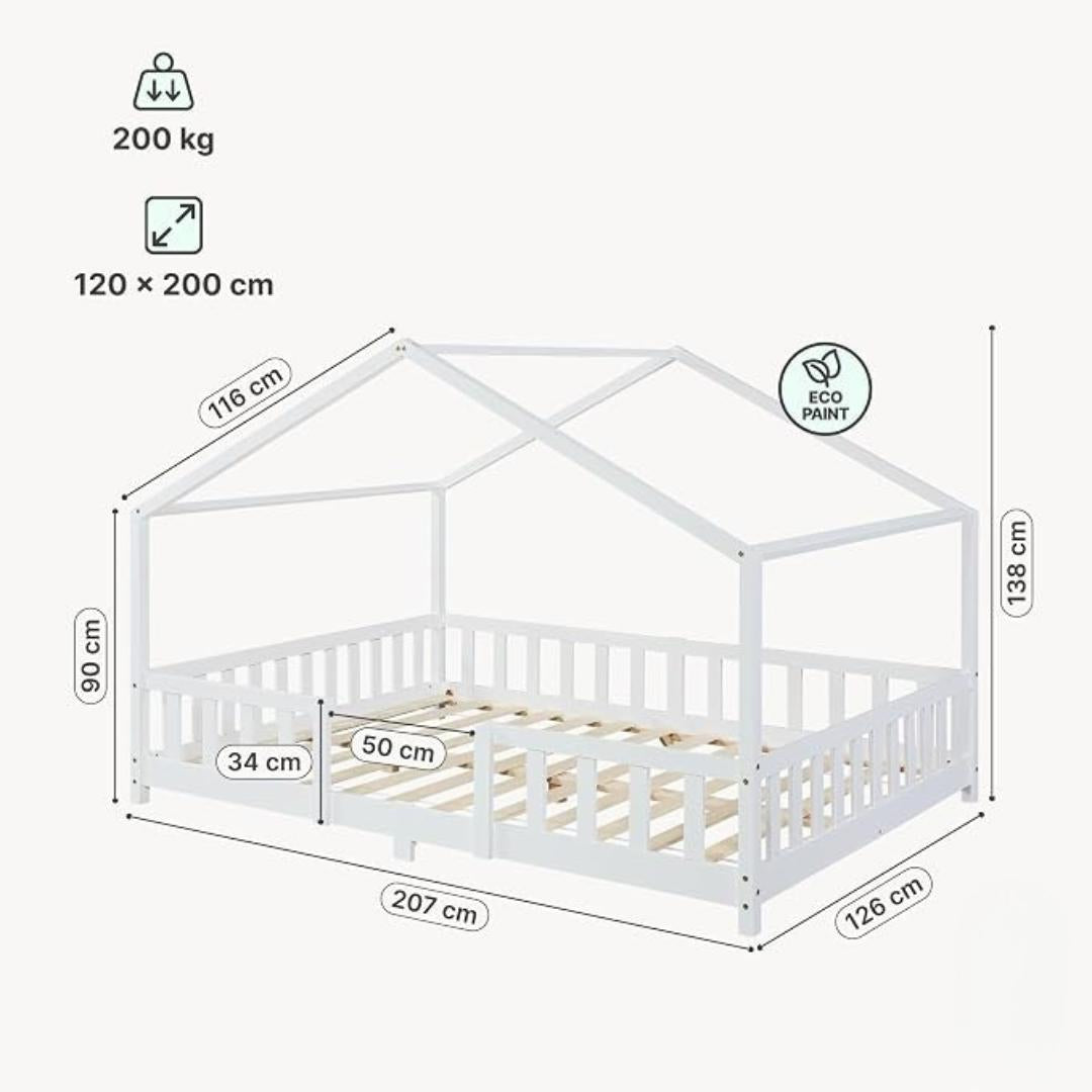 Grand lit cabane double avec barrière - 120x200cm - Blanc