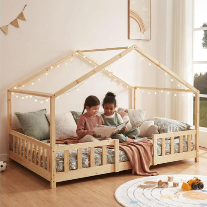 Lit cabane avec barrière 70x140cm - Bois naturel