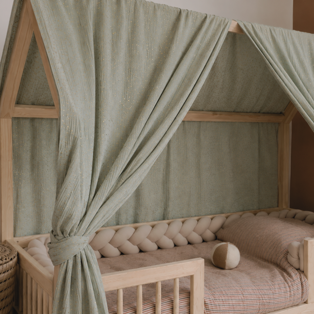 Ciel de lit cabane (pack de 2) Vert de gris à pois dorés